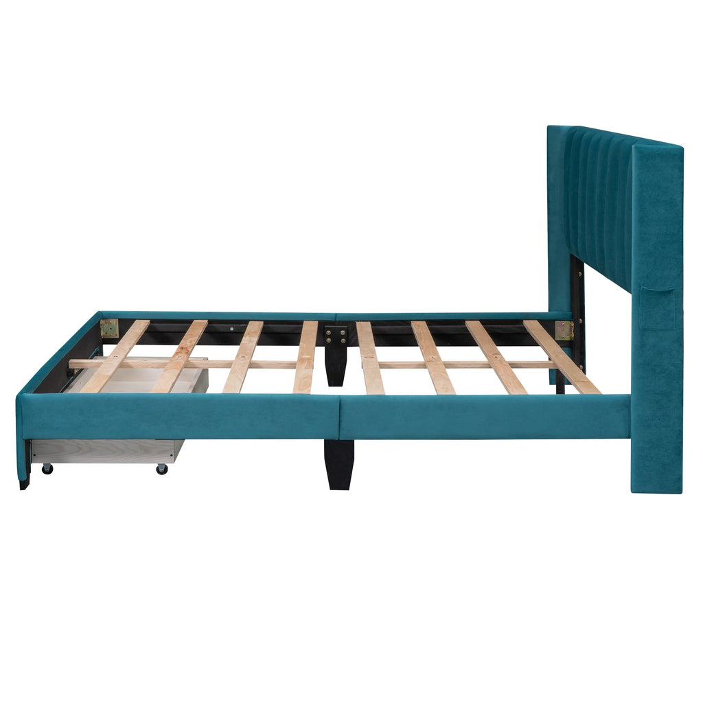 Queen Size Velvet Upholstered Platform Bed with Storage and Headboard P791