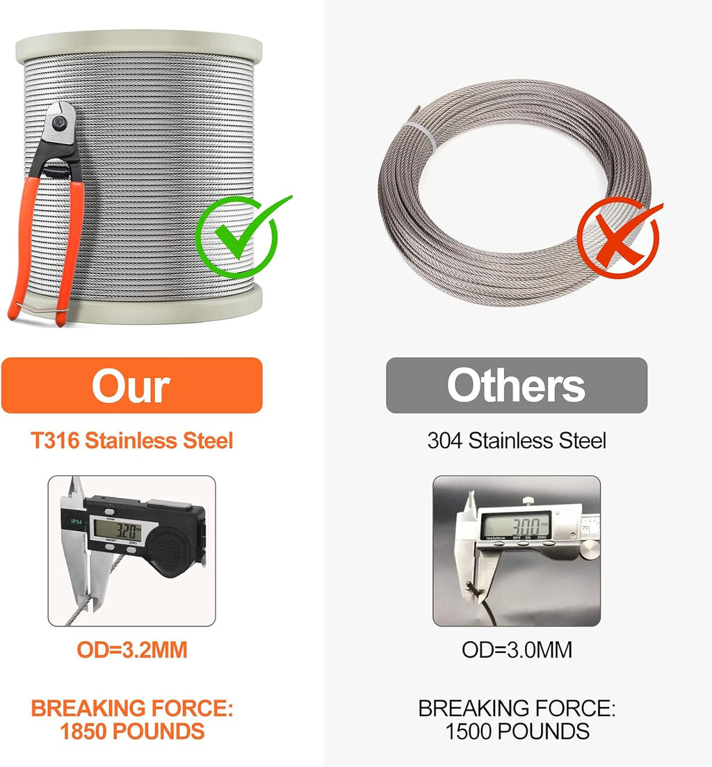 400FT 1/8 T316 Stainless Steel Wire Rope Cable with Cable Cutter N72598