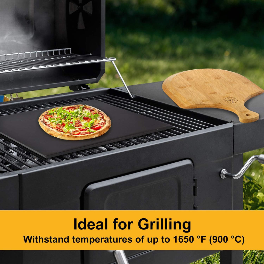 Black Cordierite Ceramic Coated Pizza Stone Pan Set with Bamboo Pizza Peel & Pizza Cutter L460