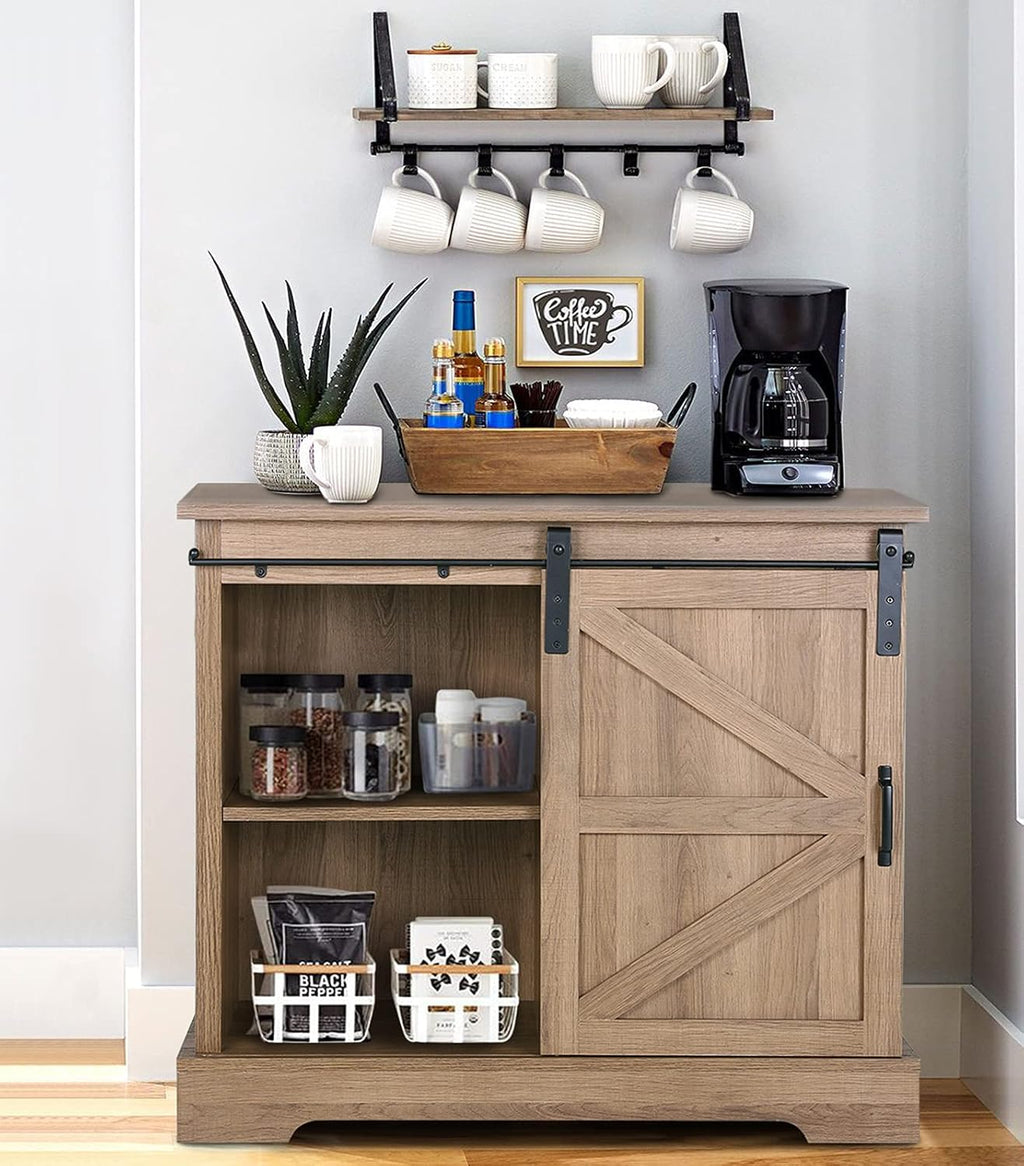 Farmhouse Coffee Bar Cabinet with Sliding Barn Door Sideboard Buffet Storage Cabinet I156