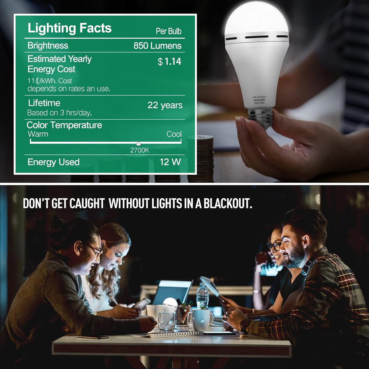 Rechargeable Emergency LED Light Bulb with Hook 1200mAh 12W 10 Pack X766120
