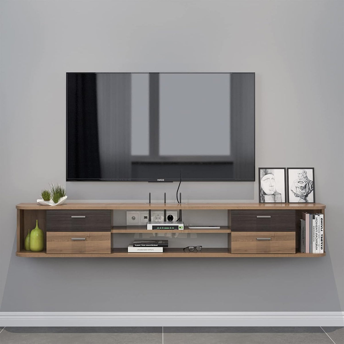 Walnut Wall Mounted Floating TV Stand with 4 Drawers Z12244