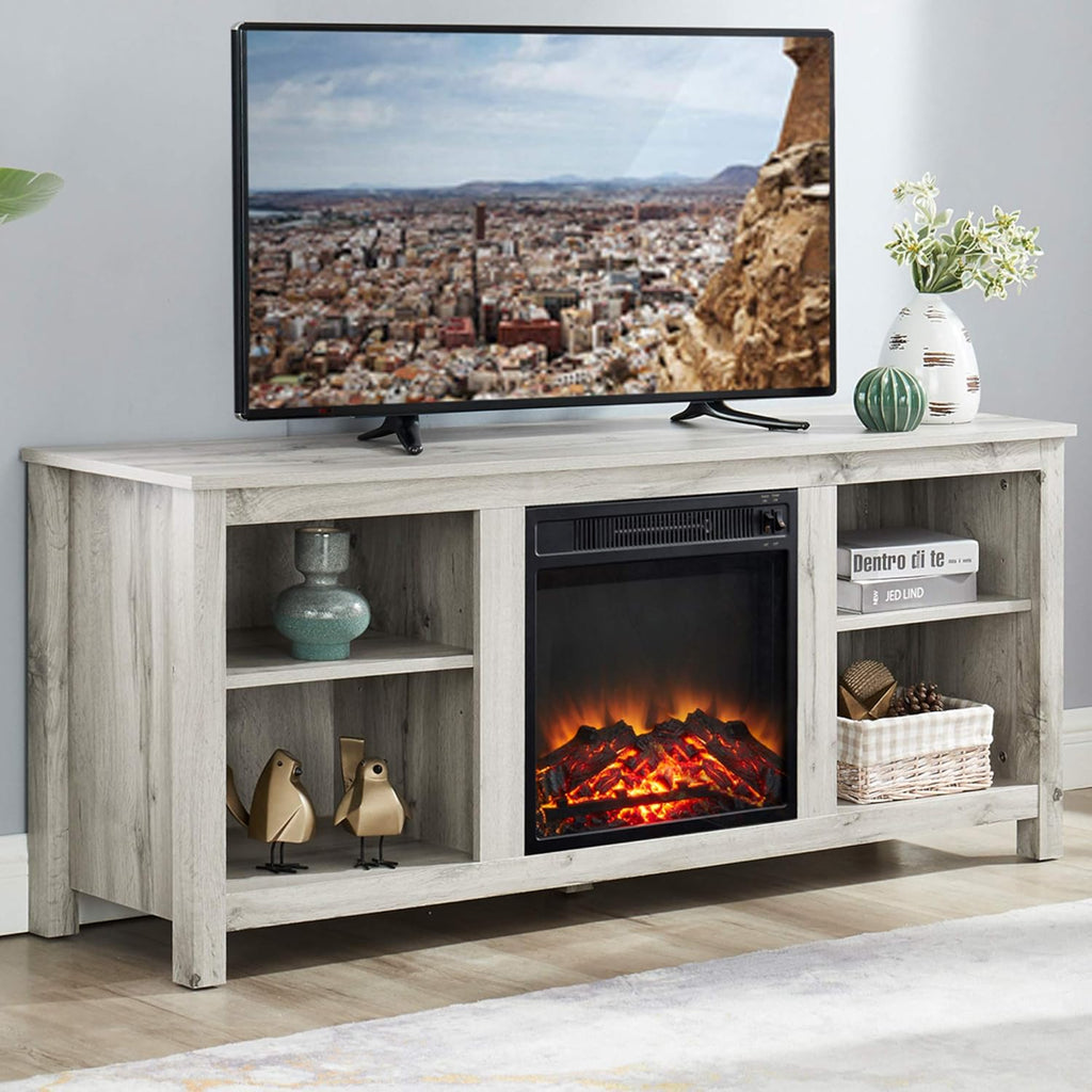 Light Grey Farmhouse Wooden TV Stand with Electric Fireplace P89056