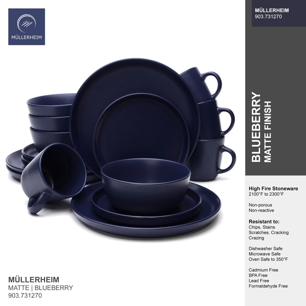 16-Piece Matte Dark Blue Ceramic Stoneware Dinnerware Set U37359