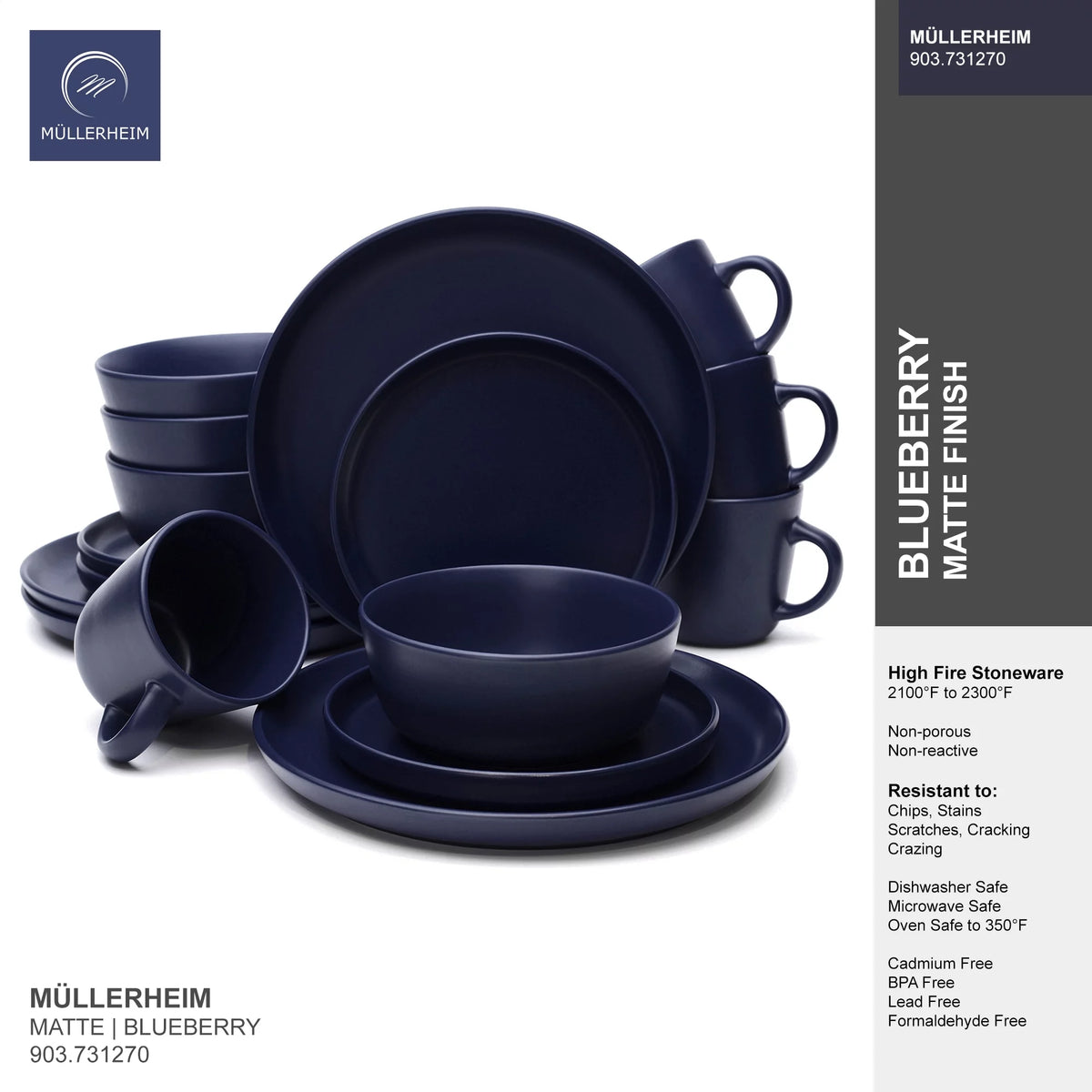 16-Piece Matte Dark Blue Ceramic Stoneware Dinnerware Set U37359