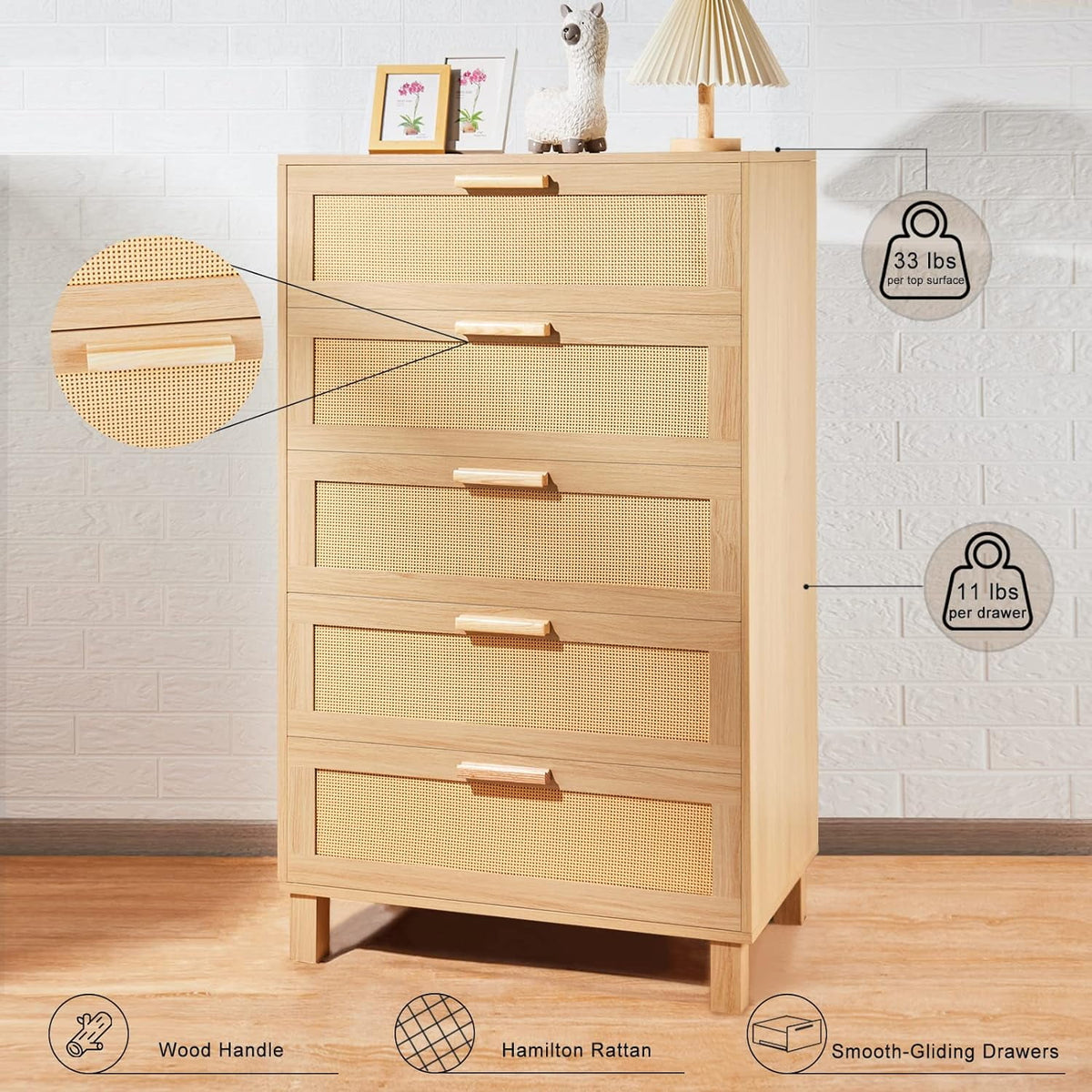 Oak 5 Drawer Rattan Dresser U8678