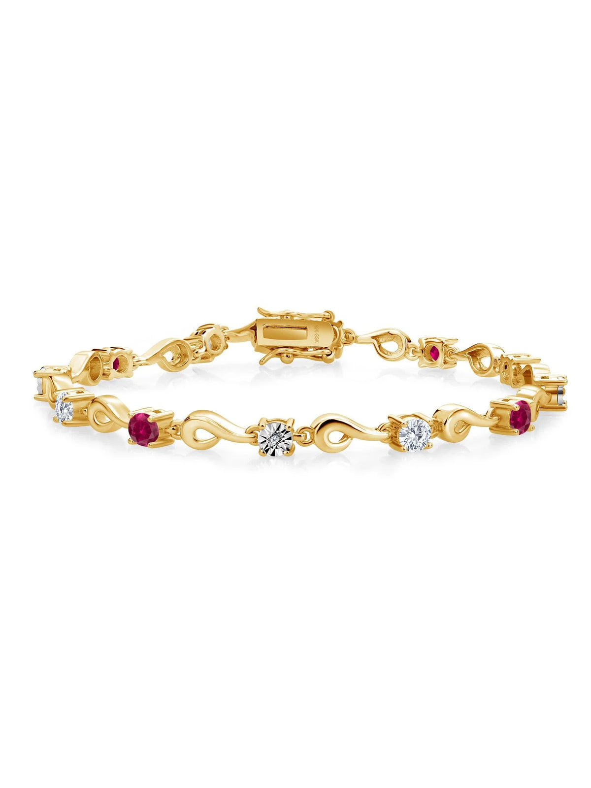 18K Yellow Gold Plated Silver Pink Lab Grown Diamond and Red Created Ruby Bracelet U977