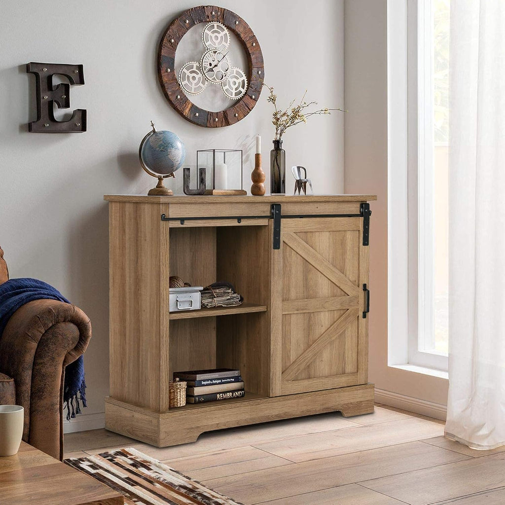 Farmhouse Coffee Bar Cabinet with Sliding Barn Door Sideboard Buffet Storage Cabinet I156