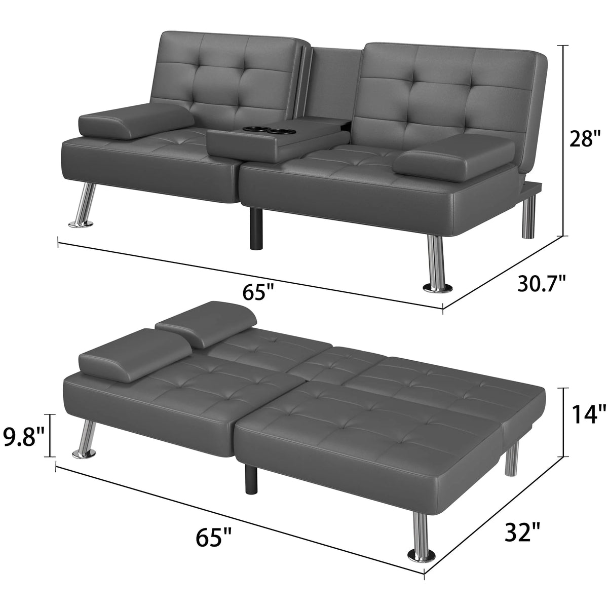Faux Leather Convertible Futon Sofa Bed with 2 Cup Holders X886962
