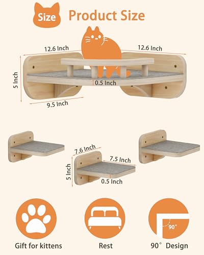 Cat Wall Furniture Corner Climbing Shelf Perches, Cat Bed Wall Mounted with 3 Wide Steps, Wood Color O35619