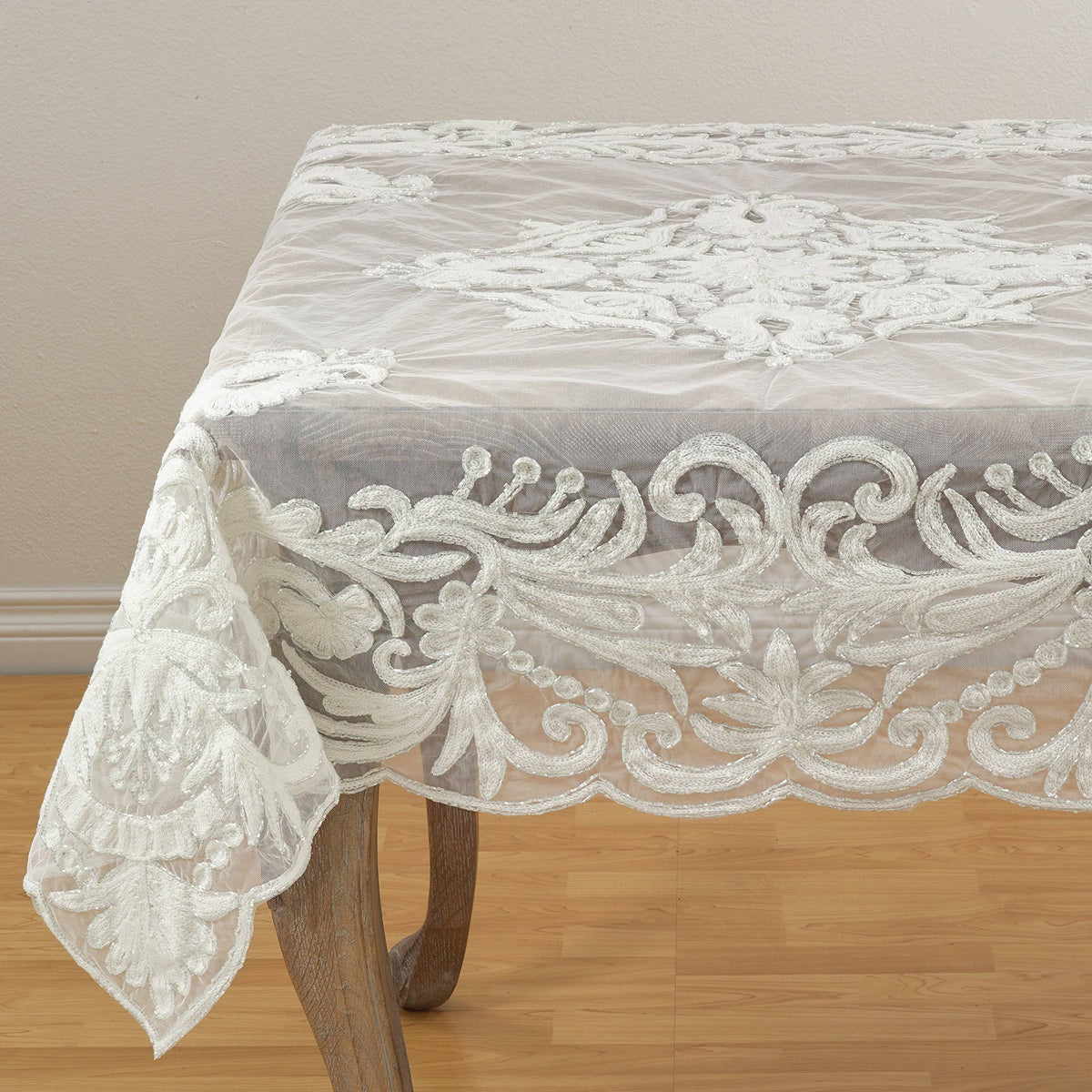 Ivory Sheer Scalloped Tablecloth G40382