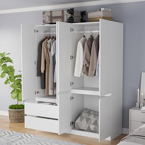 White 4 Door 2 Drawers Wooden Armoire Wardrobe with Shelves and Hanging Rod I87605