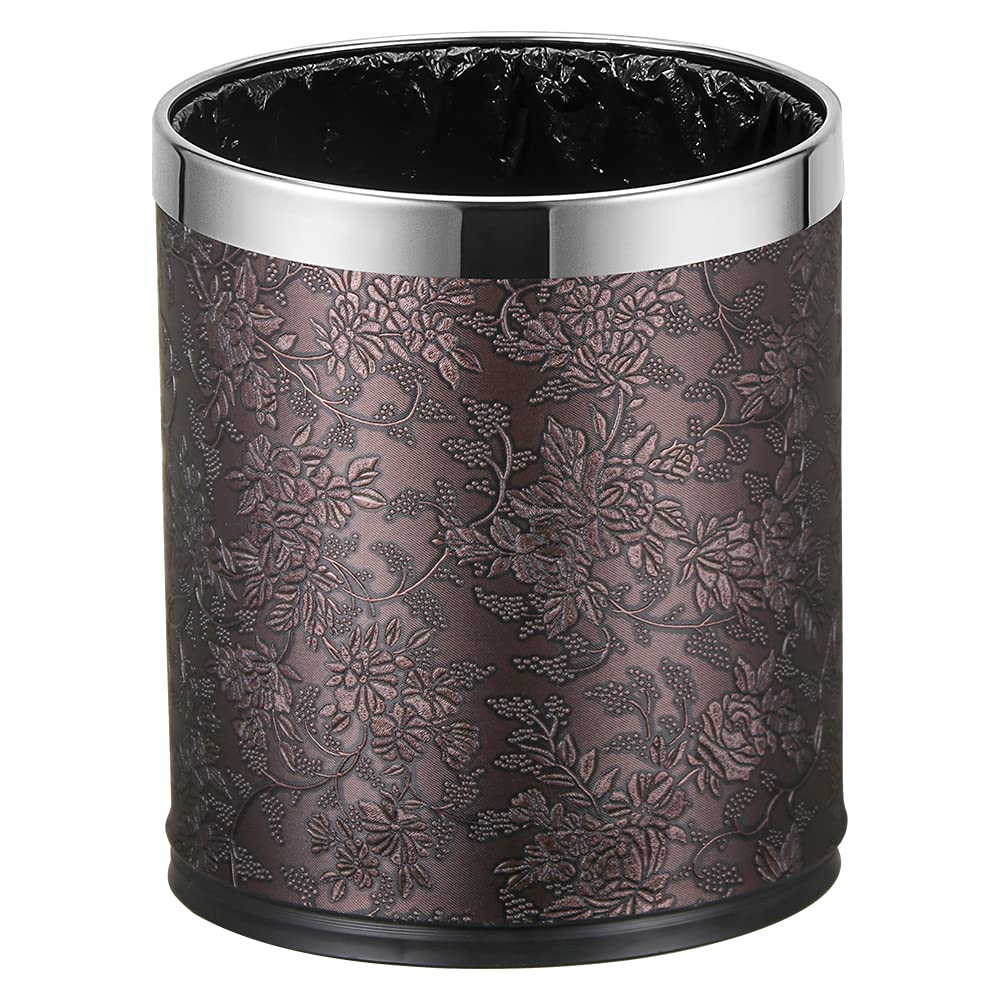 Brown Grapes Metal Round Trash Can with Faux Leather Wastebasket Z426543