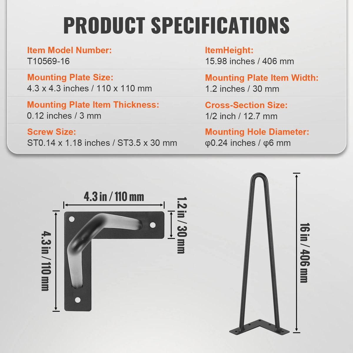 16" Solid Metal Heavy Duty Furniture Legs V7750