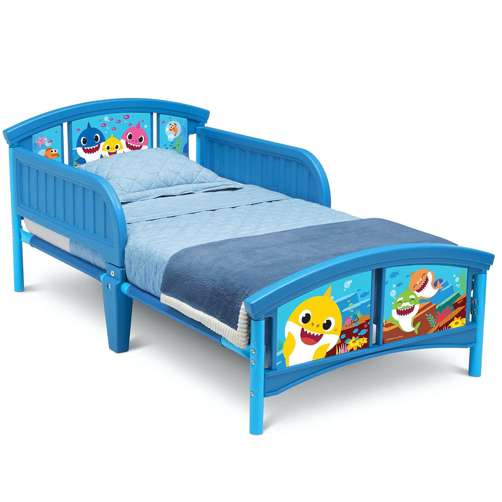Baby Shark Plastic Toddler Bed and Twinkle Galaxy Dual Sided Crib and Toddler Mattress Bundle Y772779