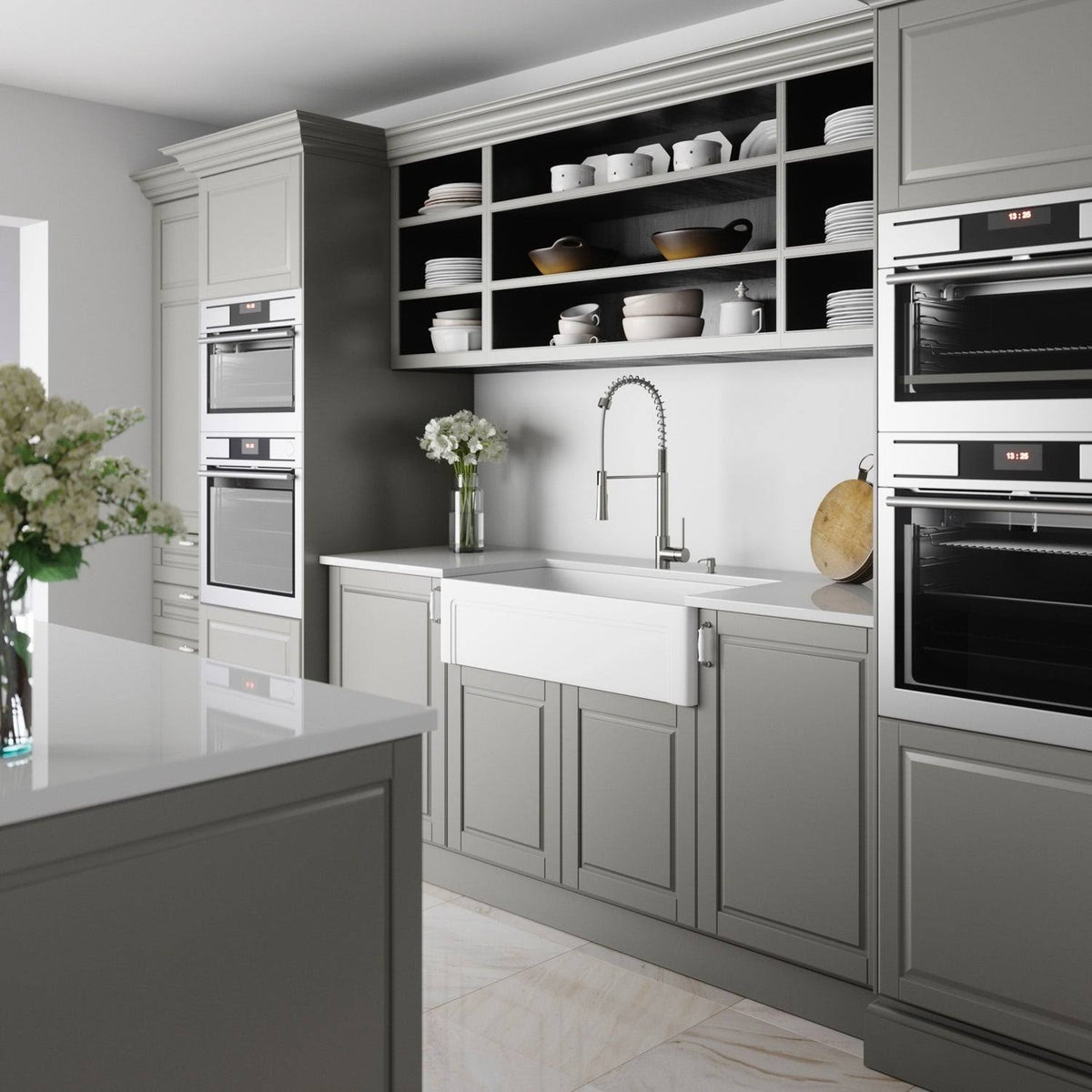 White Matte Stone Farmhouse Kitchen Sink with Grid H47116