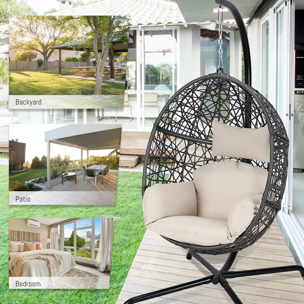 Oversized Black Hanging Swing Egg Chair with Stand and Beige Set R928