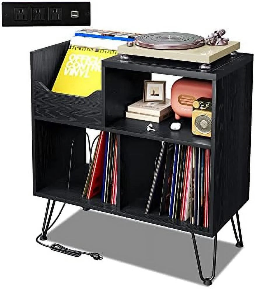 Black Record Player Stand with Charging Station F267
