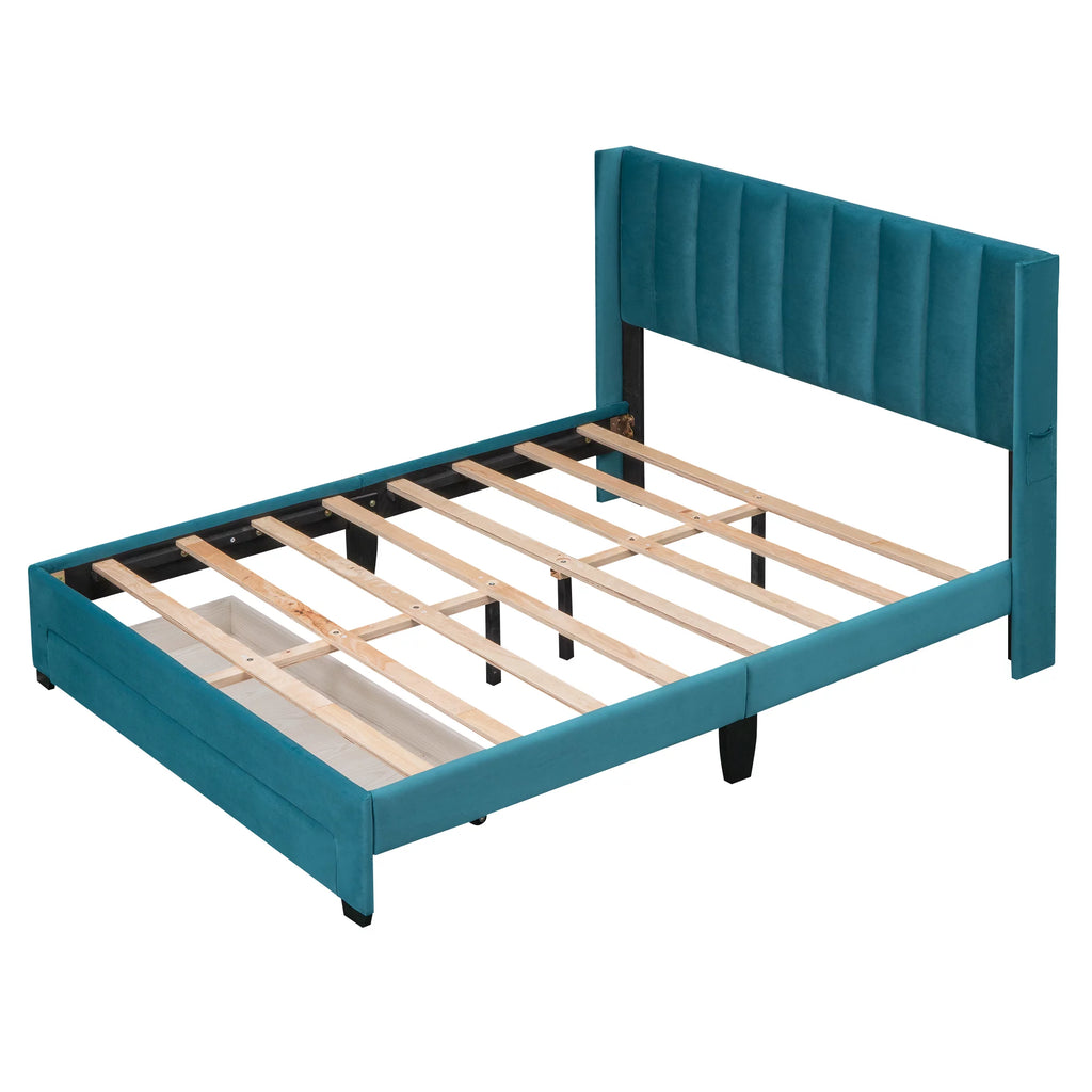 Queen Size Velvet Upholstered Platform Bed with Storage and Headboard P791