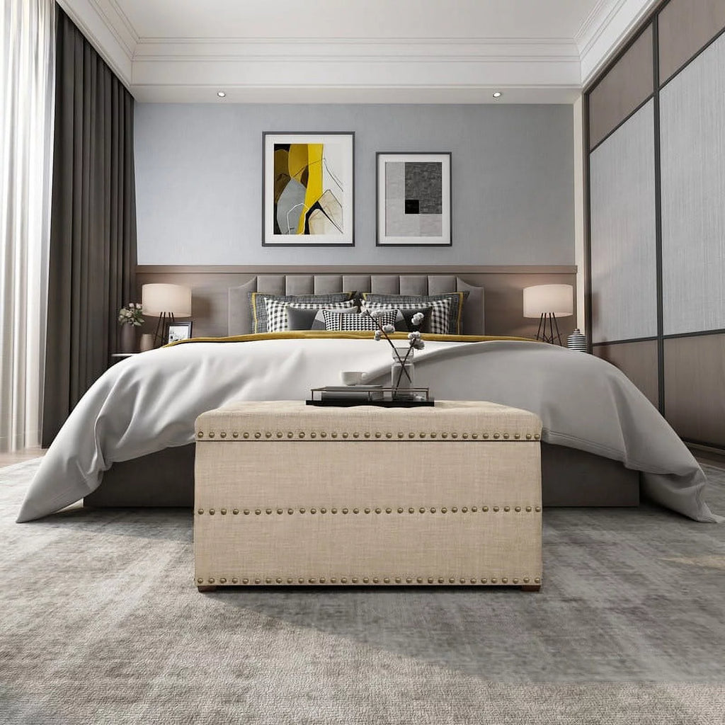 Beige Button Tufted Lift Top Storage Bench F587418