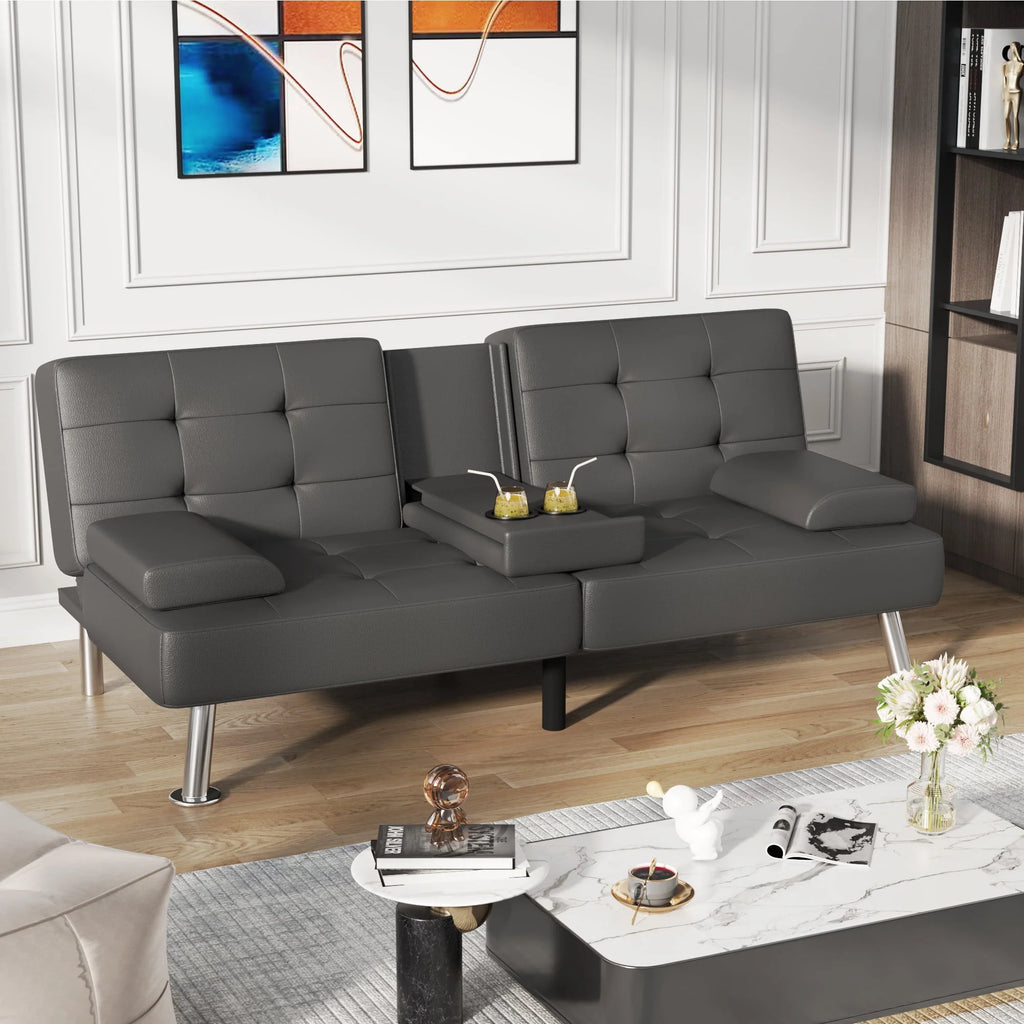 Faux Leather Convertible Futon Sofa Bed with 2 Cup Holders X886962