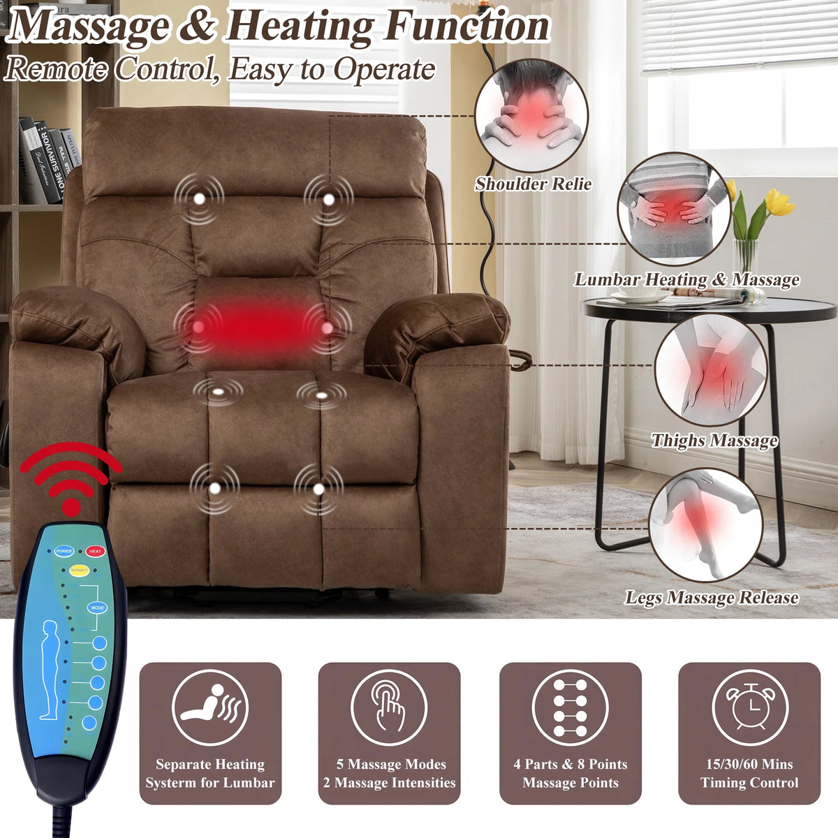 Dark Brown Oversized Electric Lift Recliner Chair with Heat and Massage U906500