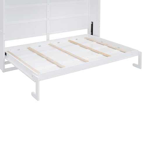 White Solid Wood Queen Murphy Bed with Cabinets P5636