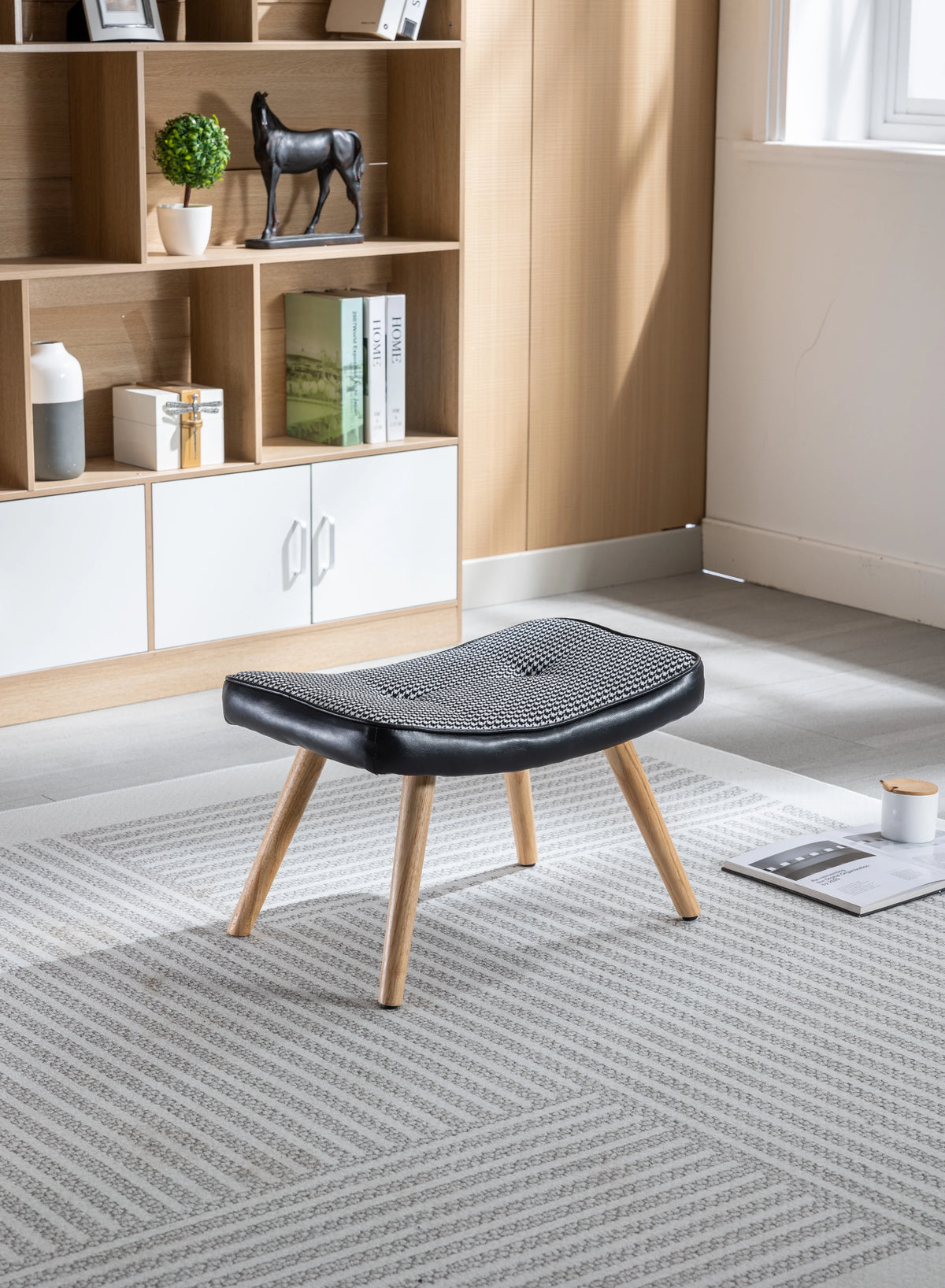 Black Wooden Square Cushion Foot Stool J9427