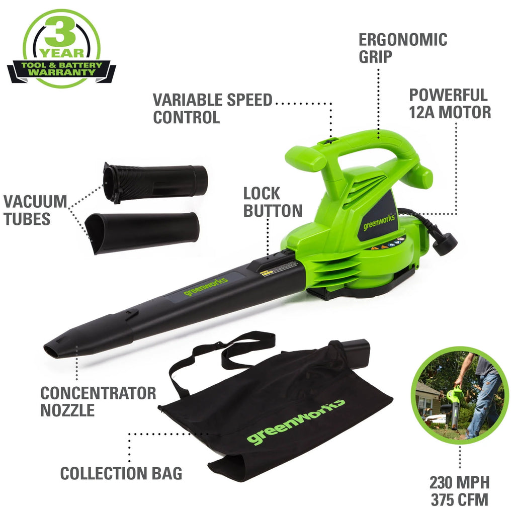 12 Amp 375 CFM Corded Electric Leaf Blower/Mulcher/Vacuum G7802