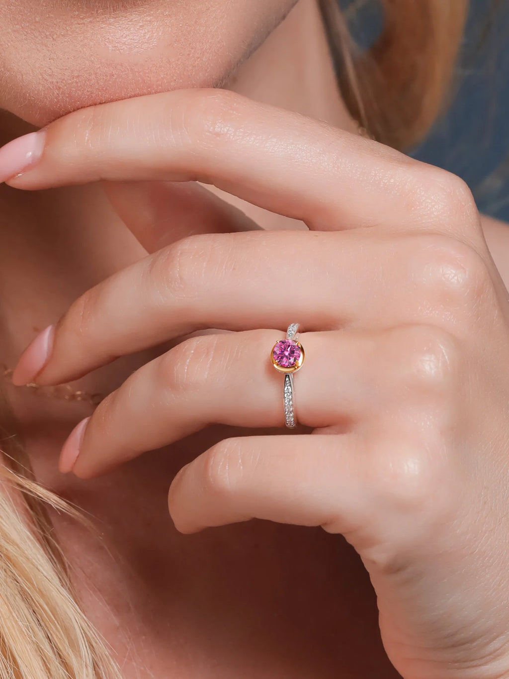 Pink Moissanite and Lab Grown Diamond 925 Silver Ring N138
