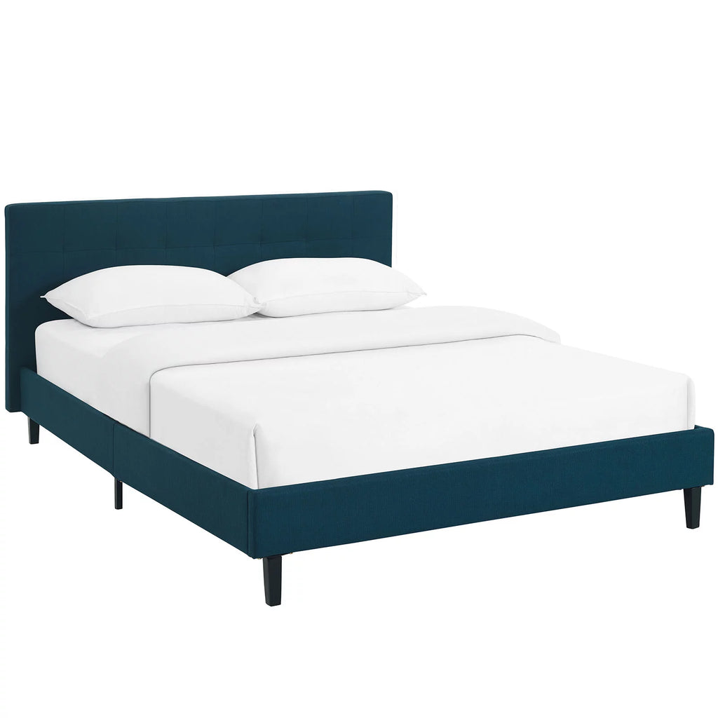 Queen Size Navy Blue Fabric Wood Platform Bed Frame O948842