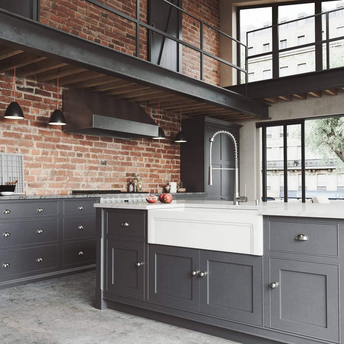White Matte Stone Farmhouse Kitchen Sink with Grid H47116