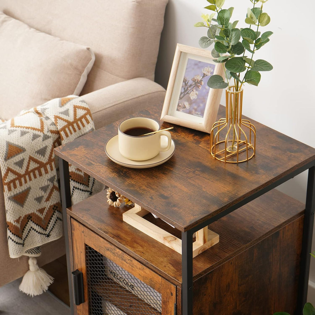 Rustic Brown Night Stand with Open Shelf and Mesh Door J390