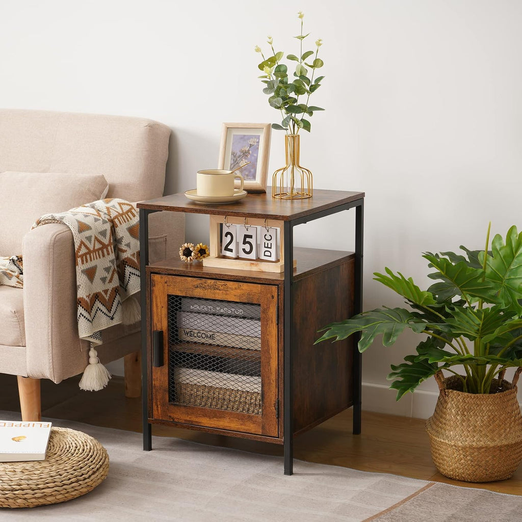 Rustic Brown Night Stand with Open Shelf and Mesh Door J390