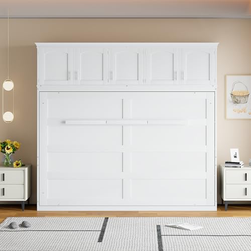 White Solid Wood Queen Murphy Bed with Cabinets P5636