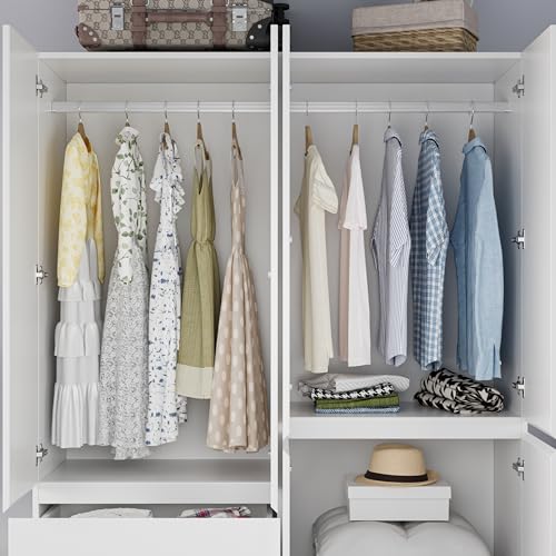 White 4 Door 2 Drawers Wooden Armoire Wardrobe with Shelves and Hanging Rod I87605