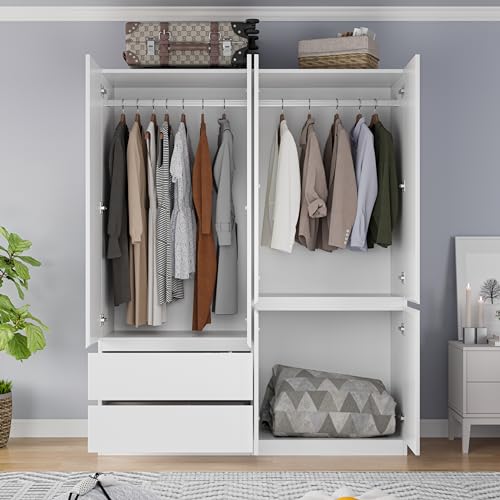 White 4 Door 2 Drawers Wooden Armoire Wardrobe with Shelves and Hanging Rod I87605