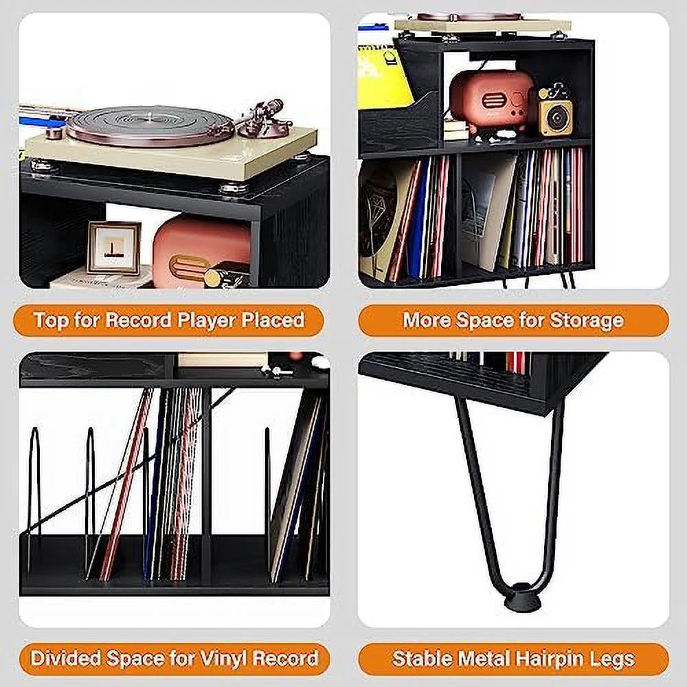 Black Record Player Stand with Charging Station F267