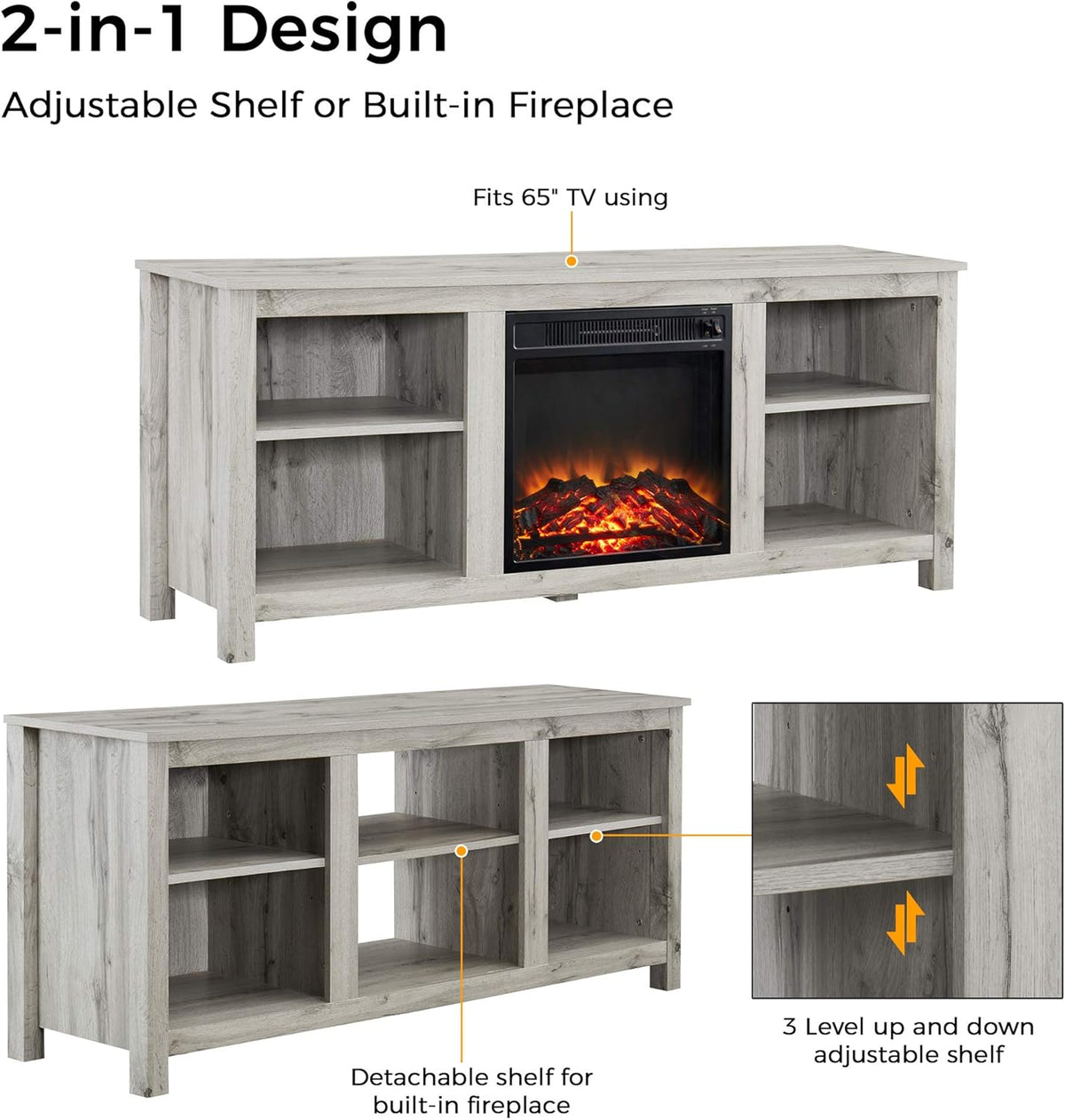 Light Grey Farmhouse Wooden TV Stand with Electric Fireplace P89056