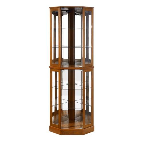 Lighted Corner Display Curio Cabinet 6-Shelf Wooden Display Cabinet with Adjustable Shelves 72" Tall Glass Shelving Unit Walnut E603