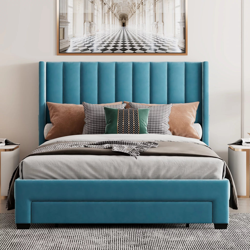 Queen Size Velvet Upholstered Platform Bed with Storage and Headboard P791