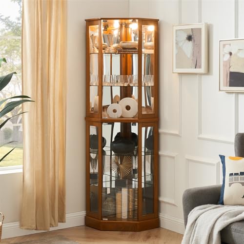 Lighted Corner Display Curio Cabinet 6-Shelf Wooden Display Cabinet with Adjustable Shelves 72" Tall Glass Shelving Unit Walnut E603