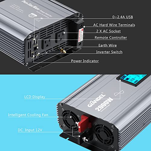 2000W Pure Sine Wave Power Inverter DC 12V to AC 120V with LCD Display P443544