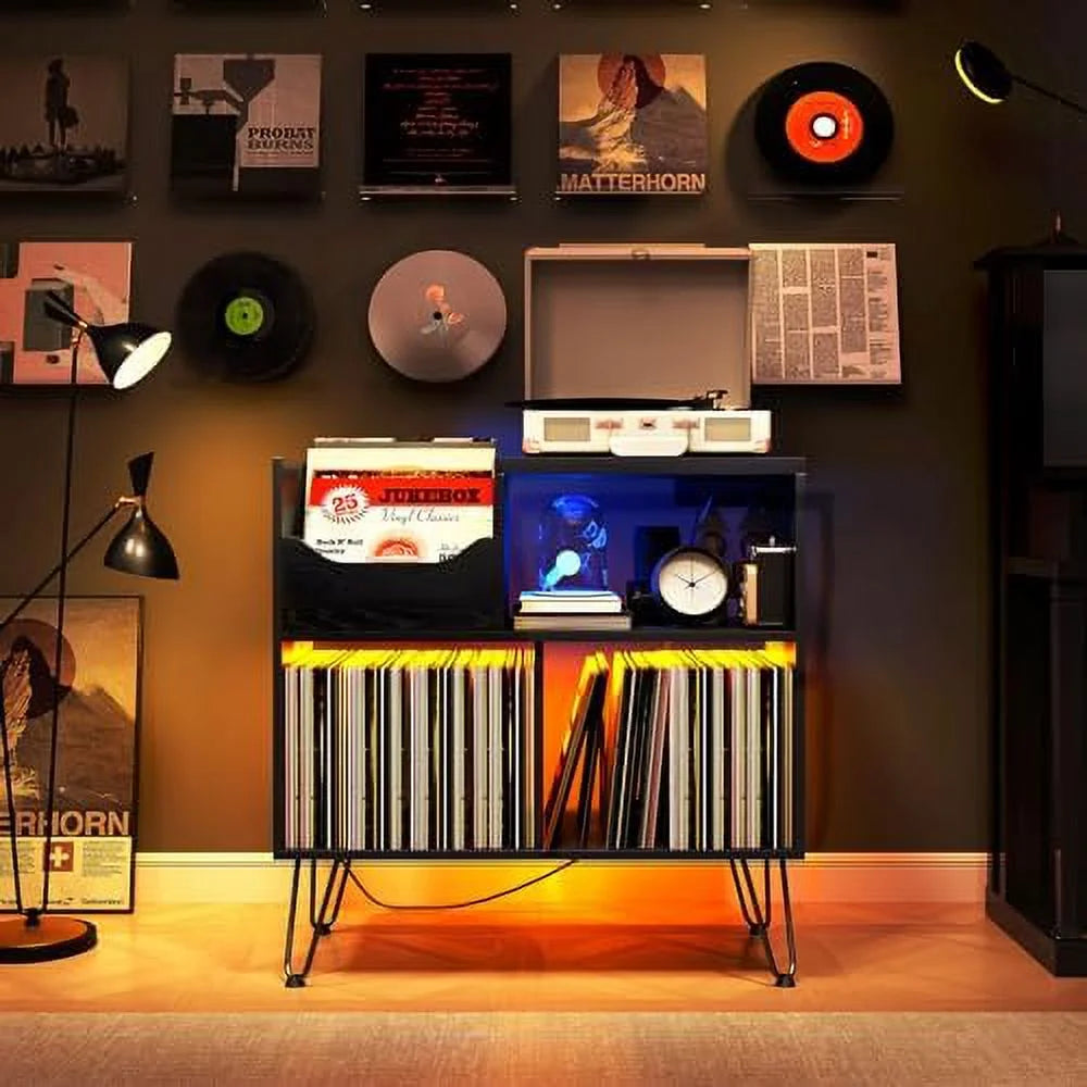 Black Record Player Stand with Charging Station F267