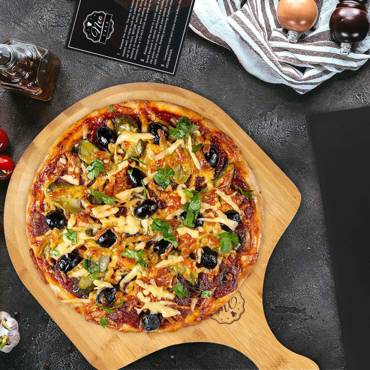 Black Cordierite Ceramic Coated Pizza Stone Pan Set with Bamboo Pizza Peel & Pizza Cutter L460