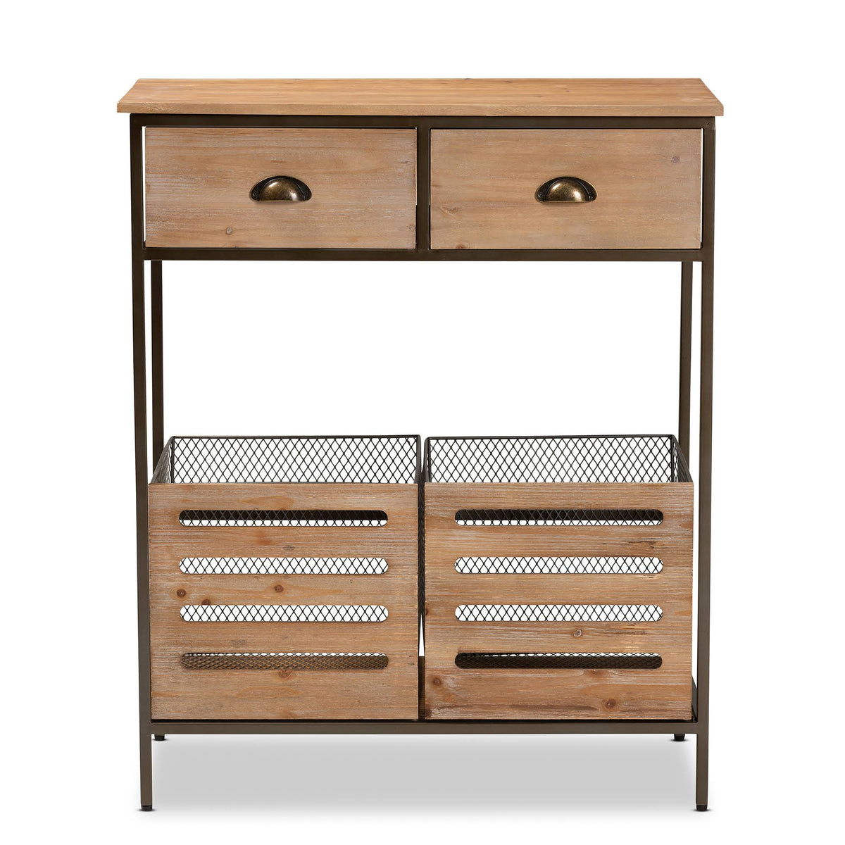 Oak Brown Finished Wood and Black Metal 2-Drawer Storage Cabinet E683982