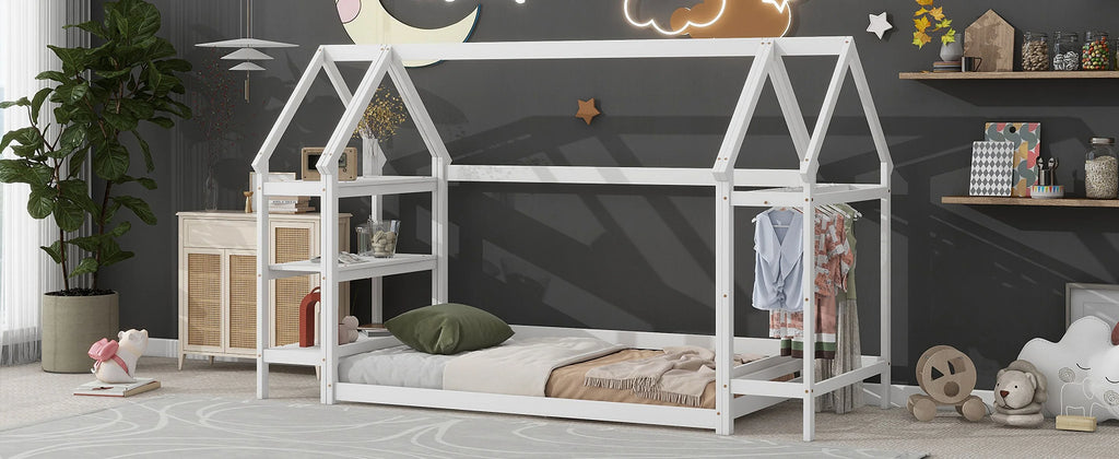Twin House-Shaped Floor Bed Frame with 2 Detachable Stands White Z31341