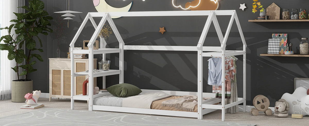 Twin House-Shaped Floor Bed Frame with 2 Detachable Stands White Z31341