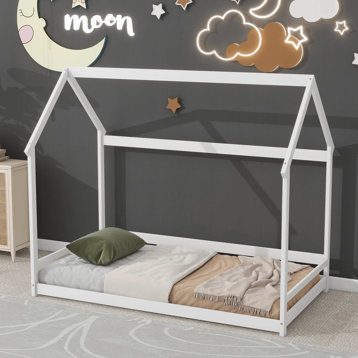 Twin House-Shaped Floor Bed Frame with 2 Detachable Stands White Z31341