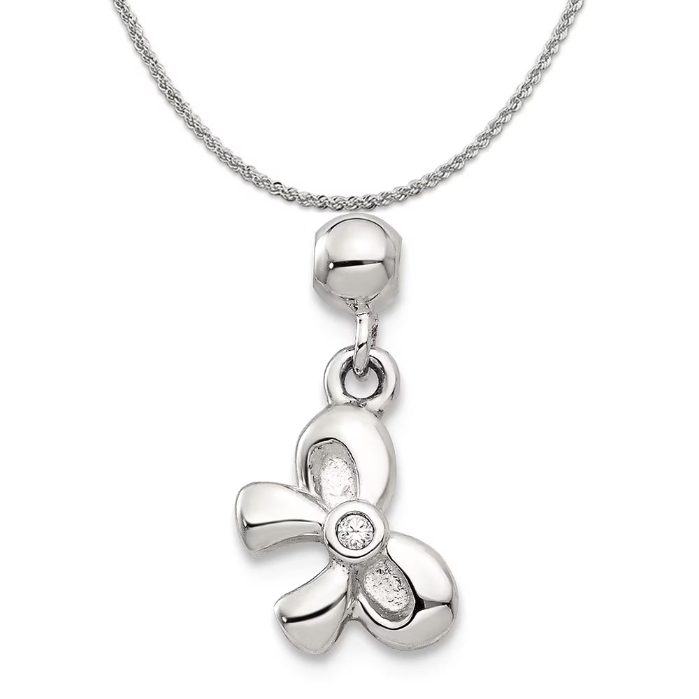 Sterling Silver Created Crystal Bow Charm Pendant with Rope Chain Necklace 20'' A835609